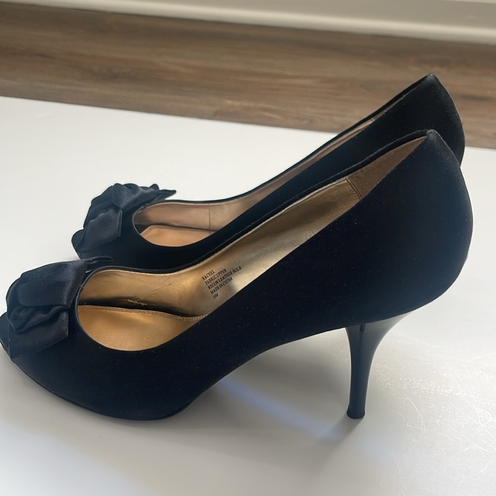 White House Black Market Rachel Satin Black Peep Toe Heels Size 10 - Picture 6 of 8